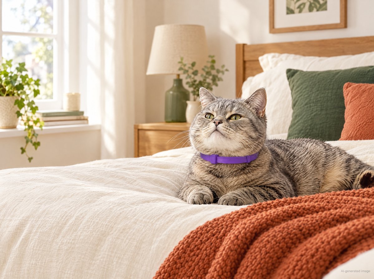 A cat resting on a made bed wearing a slim purple Pheromone Collar