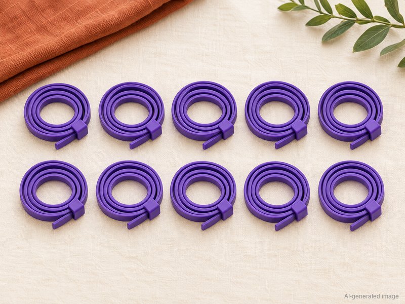 10 purple Pheromone Collars, coiled, on a linen cloth