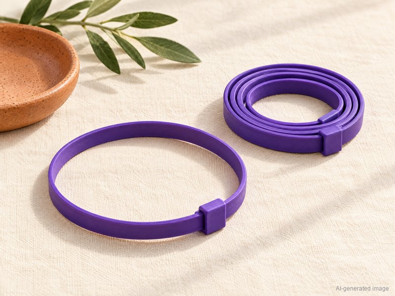 2 purple Pheromone Collars, coiled, on a linen cloth